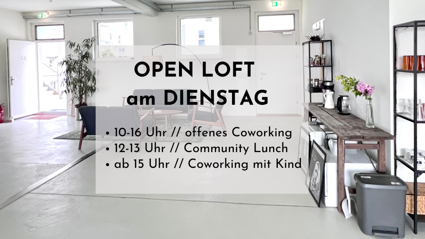 Jeder Dienstag ist Open Loft Tag! Tauche ein in den Community-Spirit der Graumann-Lofts: Jeden Dienstag Austausch, Networking und Inspiration Komm vorbei in die Community-Lofts | Traun, dem "Möglichkeitsraum" der Graumann-Lofts: zum Austausch beim offenen Coworking (10-16 Uhr), zum Networking beim Community Lunch (12-13 Uhr) oder nutze kostenlos die flexible Kinderbetreuung beim Coworking mit Kind (ab 15 Uhr).