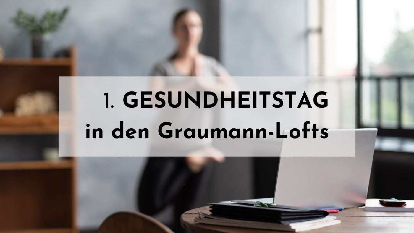 Bild mit Yoga-Übenden und Laptop: 1. Gesundheitstag in den Graumann-Lofts